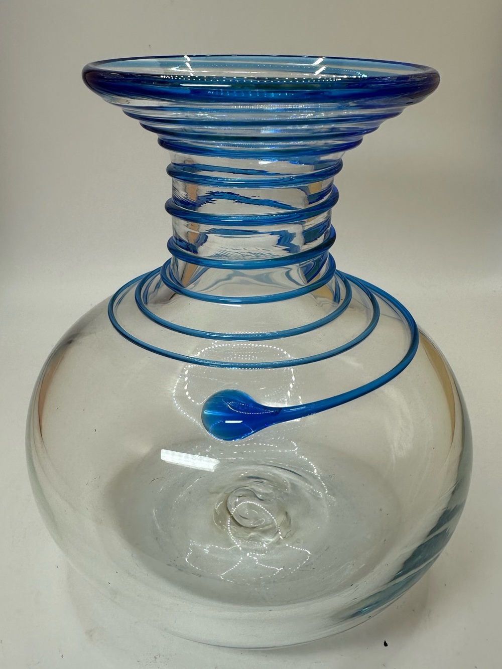 Vintage BLENKO #8316 Clear Glass Bottle VASE W/ Applied Azure Swirl
